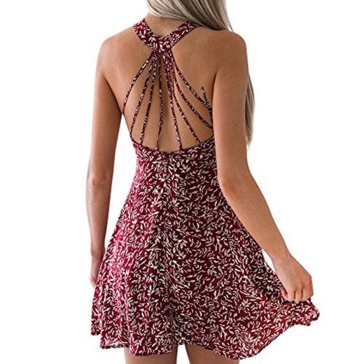 Lenfesh Mini Vestido Mujer de Fiesta Vestido Halter Cortas sin Mangas para Mujer Atractiva Vestidos Espalda Descubierta para Mujer Vestido Estampado Floral de Verano para Mujer