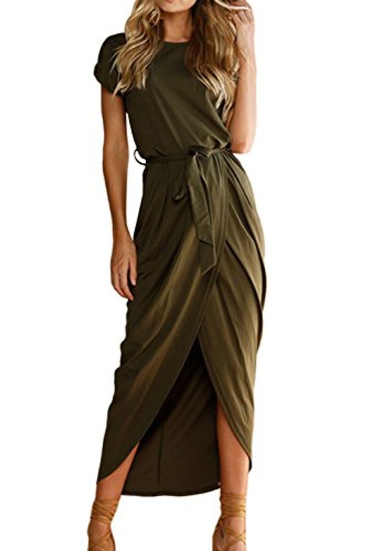 Fashion DELEY Mujeres Casual De Manga Corta De Hendidura Sólido Partido Vestido De Verano Vestido Maxi Largo Verde Tamaño XL