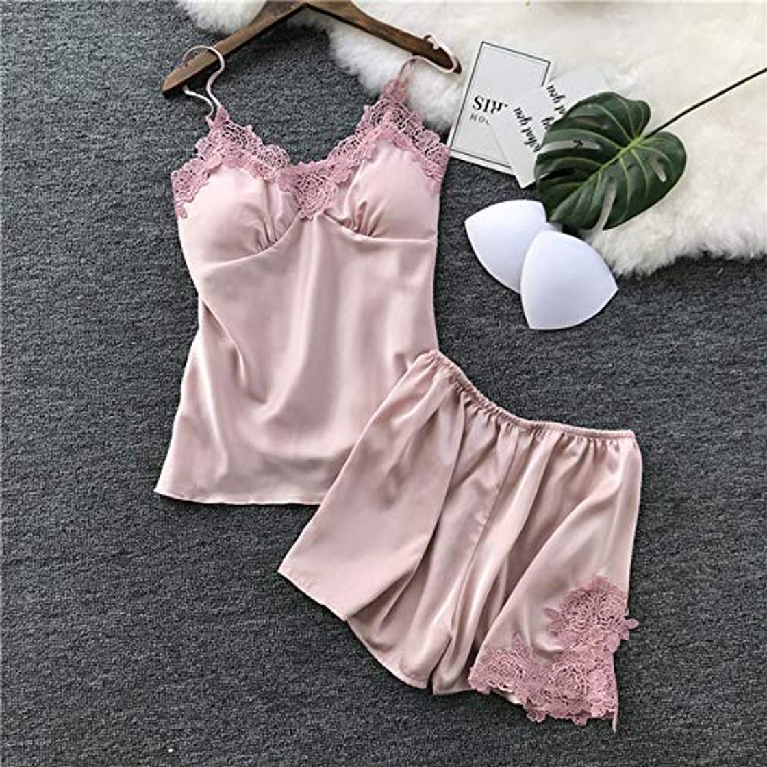 Fashion BOOSSONGKANG Pijama Conjunto de Pijama de satén con Cuello en V de Verano Conjunto de Pijamas de Encaje para Mujer Ropa Interior de muj