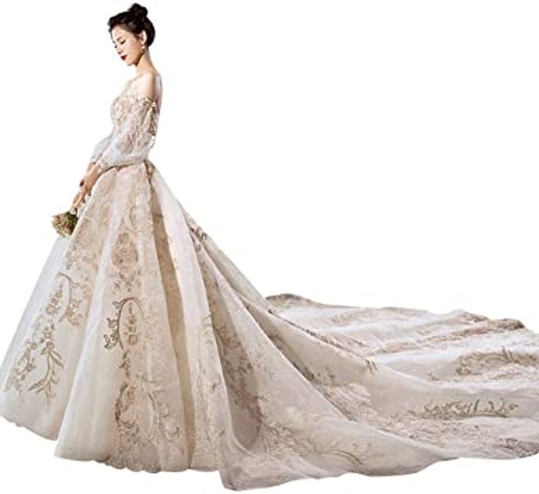 Social wedding dress Champagne Long Sleeve Long Tail Court Style ...