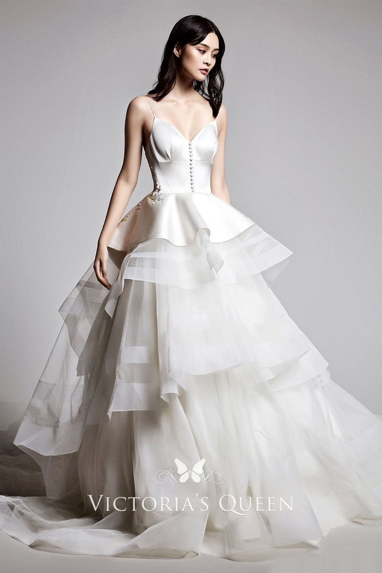 Fashion Peplum and Buttons Satin Tulle Tiered Wedding Ball Gown - VQ