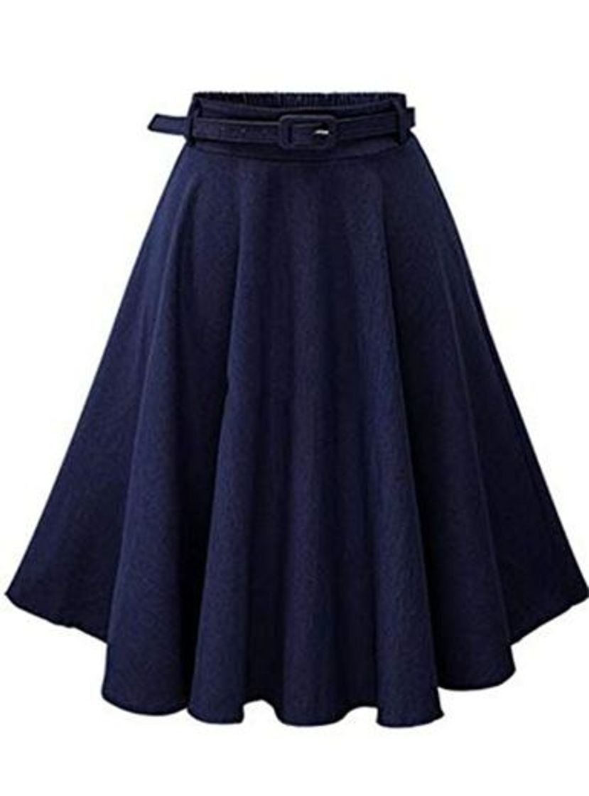 Fashion SEHJLHR Nuevo otoño Invierno de Las Mujeres de la Falda de Cintura Alta Retro Plisado Midi Falda Vaquera Falda Acampanada Cinturón Saia Femininas Sk098 Blue One Size