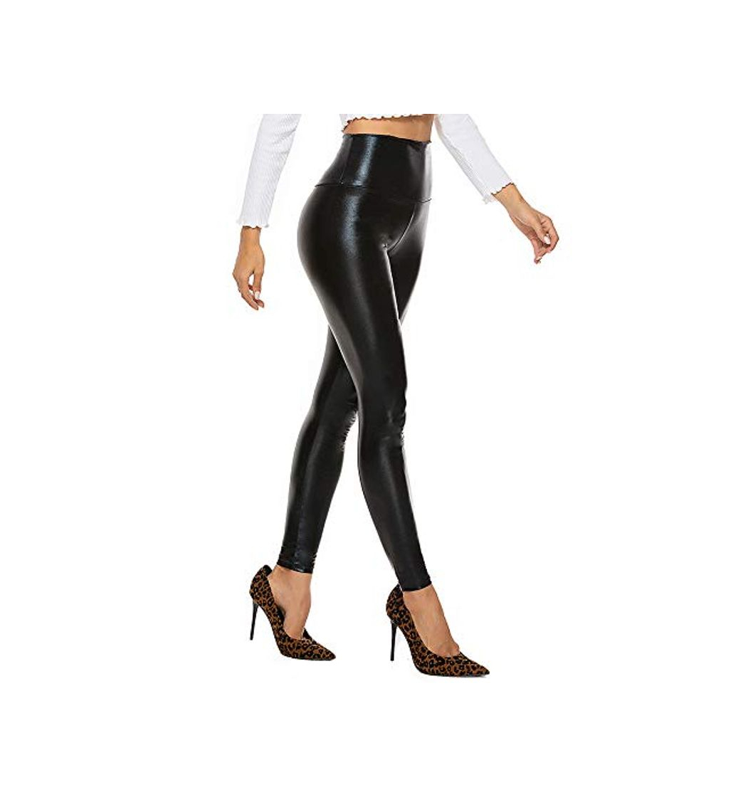 Social FITTOO Mujeres PU Leggins Cuero Brillante Pantalón Elásticos Pantalones para Mujer300#2 Negro Brillante M
