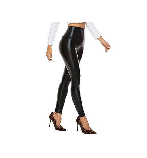 FITTOO Mujeres PU Leggins Cuero Brillante Pantalón Elásticos Pantalones para Mujer300#2 Negro Brillante M