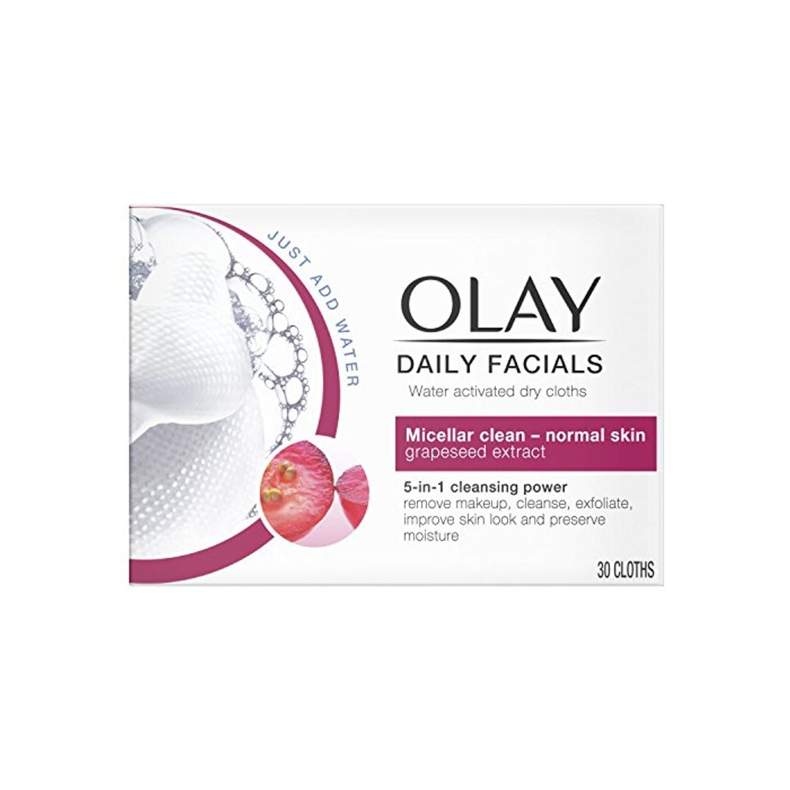 Producto Olay Daily Facials 5 en 1 Paños secos activados por agua – Micellar Clean para piel normal con extracto de uva – Pack de 6