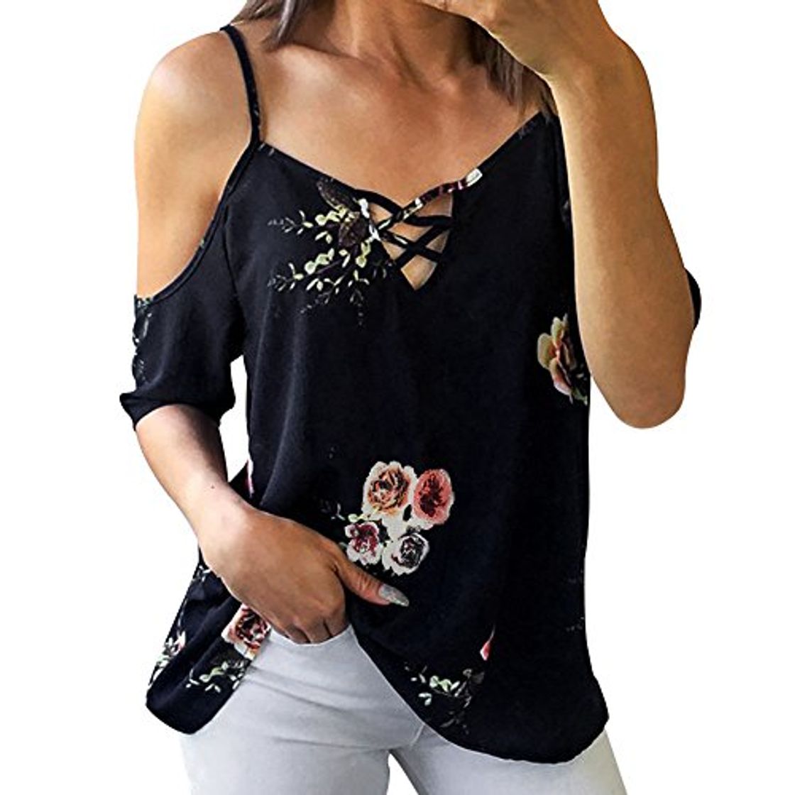 Moda Camiseta sin tirantes floral gasa de mujer