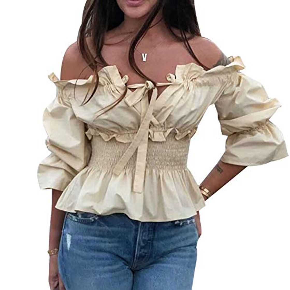 Fashion YYW Blusa de hombros descubiertos con volantes y cordones en la cintura con cintura fruncida para mujer Marfil blanco crema S