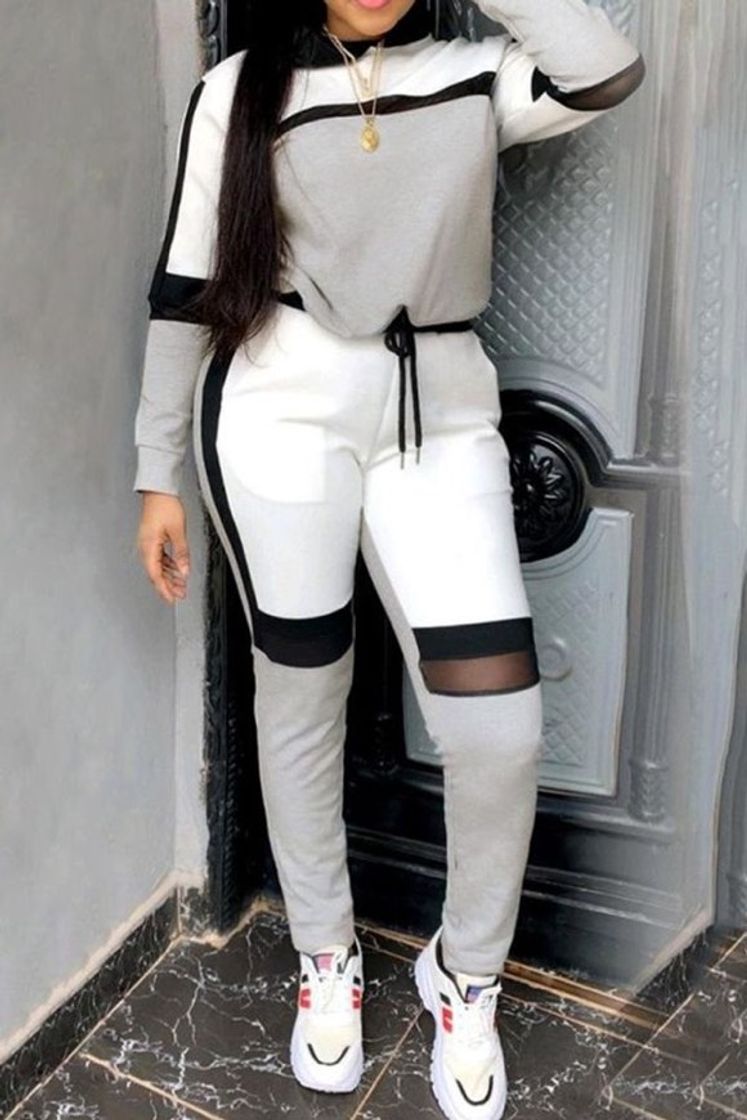 Moda Lovely Sportswear Hooded Collar Patchwork Grey Two-piece Pants