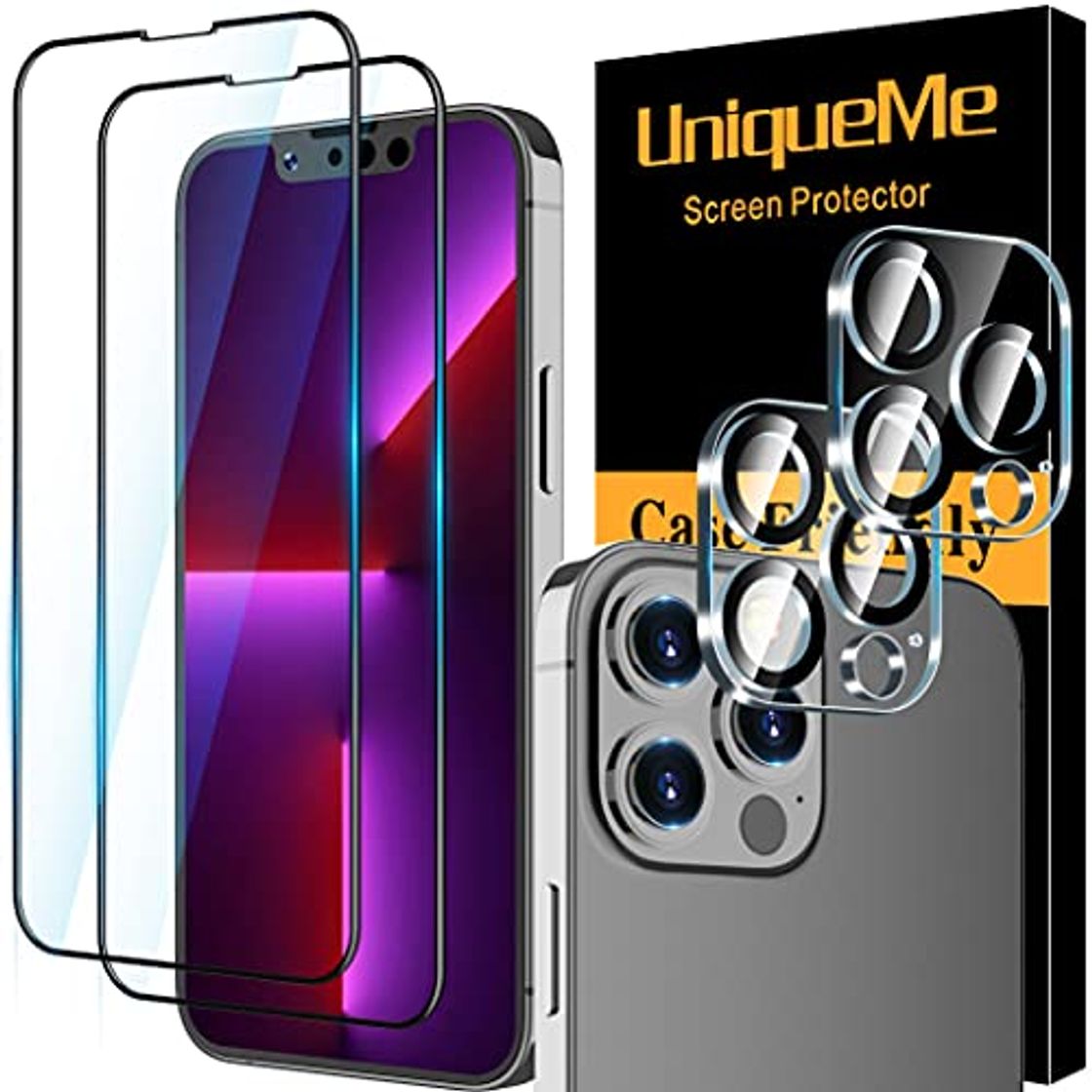 Electronics [4 Pack] UniqueMe Compatible con iPhone 13 Pro Max [2 Pack] Protector de Pantalla y [2 Pack] Protector de lente de cámara Cristal Templado [Sin Burbujas] HD Vidrio Templado cobertura completa