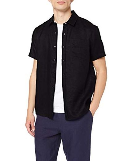 Marca Amazon - MERAKI Camisa de Lino de Manga Corta Hombre, Negro