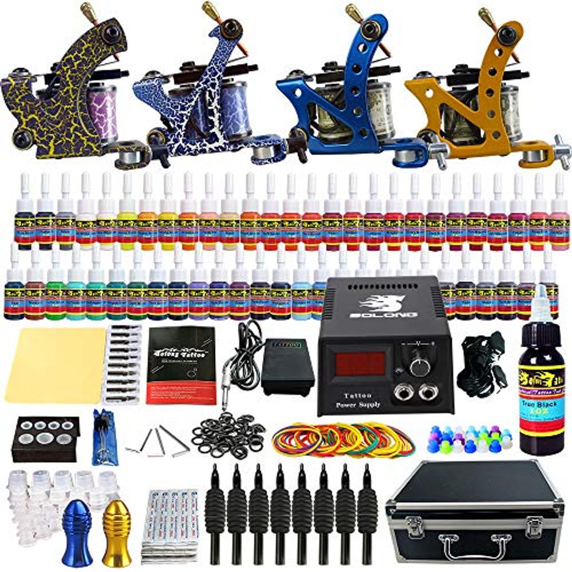 Social Solong Tattoo Kit de Tatuaje Completo 4 Maquina de Tatuaje 54 Tintas Fuente de Alimentacion Pedal Agujas Grips Consejos TK453