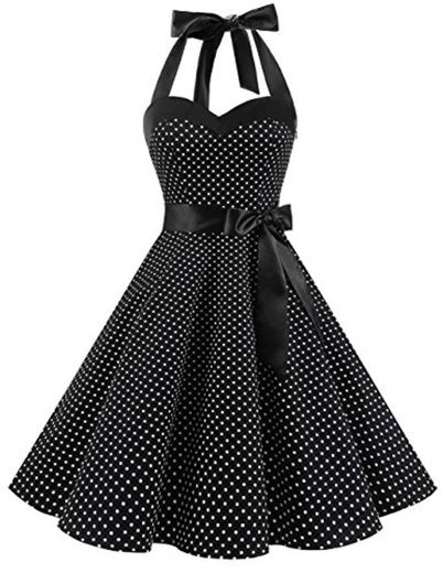 Dresstells® Halter 50s Rockabilly Polka Dots Audrey Dress Retro Cocktail Dress Black Small White Dot L