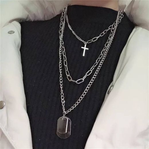 Collar de plata multicapa de Color con cadena de Metal cruz