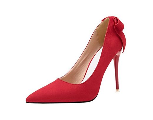 Boda Zapatos Para Mujer Rojo Ante Tacones altos Dulce Bowknot Stiletto Fiesta Zapatos de tacón De BIGTREE 39 EU