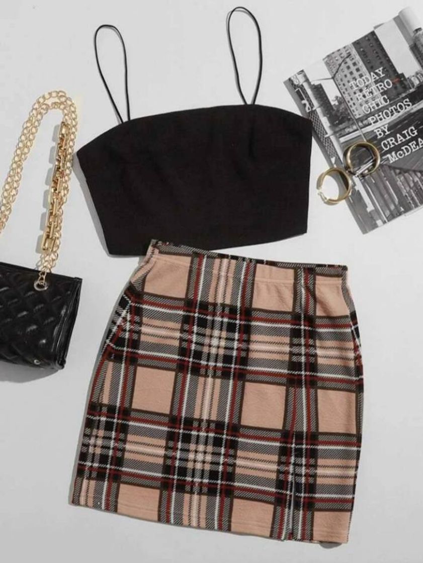 Moda Solid Crop Cami Top & Plaid Skirt Set