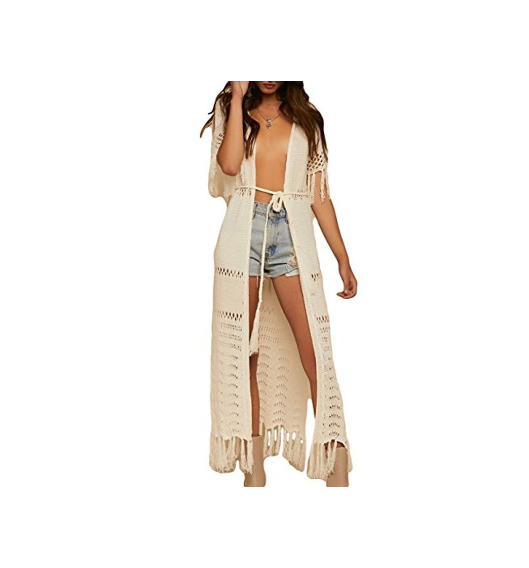 Fashion Bsubseach Mujer Kimono Cárdigan Sexy Beige Crochet Traje de Baño con Borla Cubrir Bikini Ropa de Playa Verano