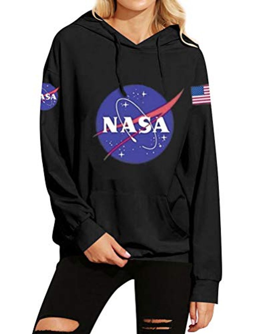 Moda Dresswel Mujer Sudaderas con Capucha Impresión de NASA Suelta Tallas Grandes Jersey