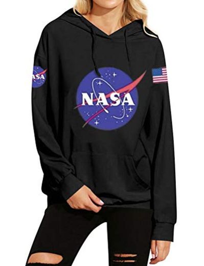 Dresswel Mujer Sudaderas con Capucha Impresión de NASA Suelta Tallas Grandes Jersey