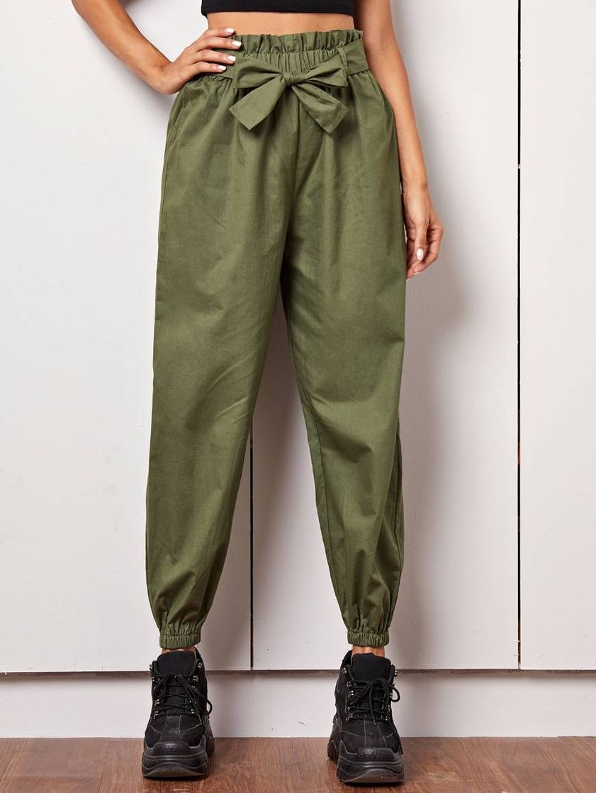 Moda Pantalones cinta liso verde militar casual👖