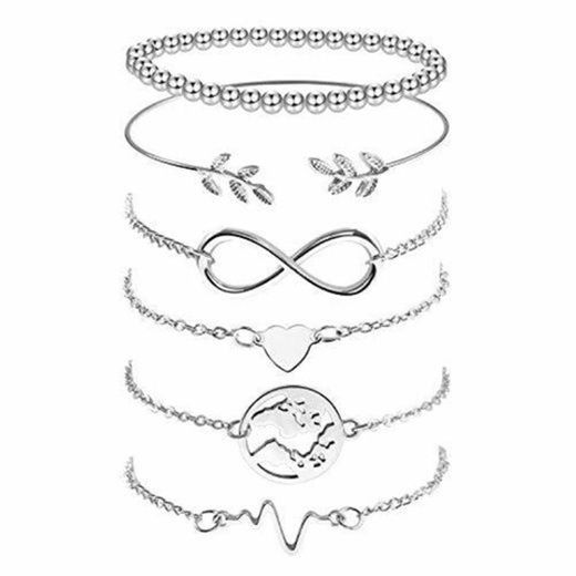 Omont 6 Piezas Plata Pulseras para Mujeres y Niña Acero Inoxidable Pulseras