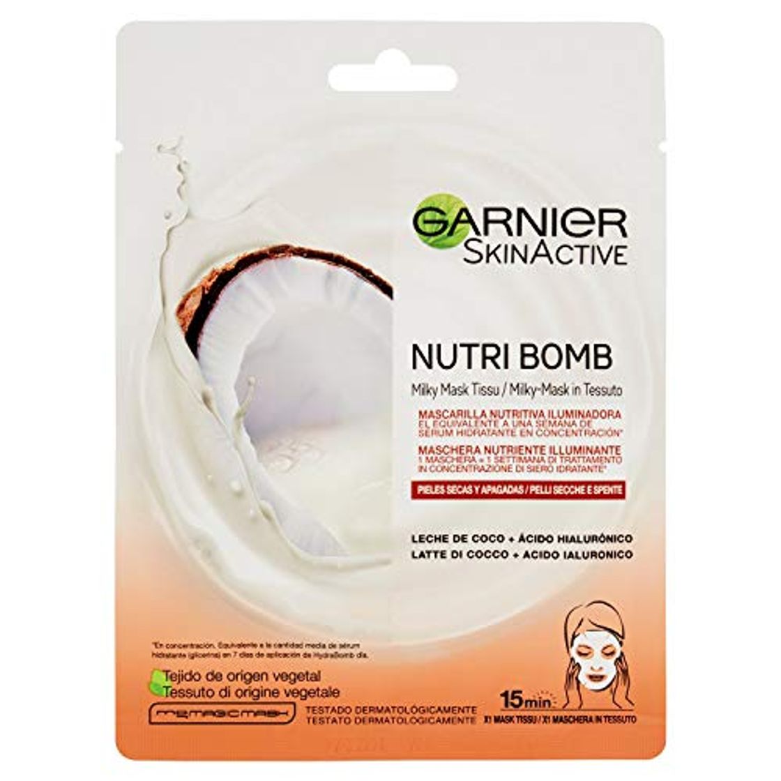 Product Garnier Skin Active Nutri Bomb Milky Mask Tissu Iluminadora Mascarilla de Tejido con Leche de Coco y Ácido Hialurónico para Pieles Secas y Apagadas 36 g