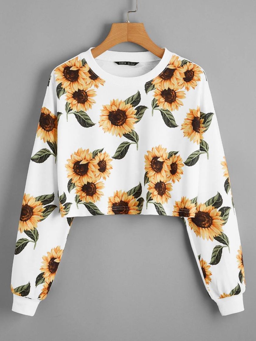 Moda Pullover corto con estampa donde girasol.