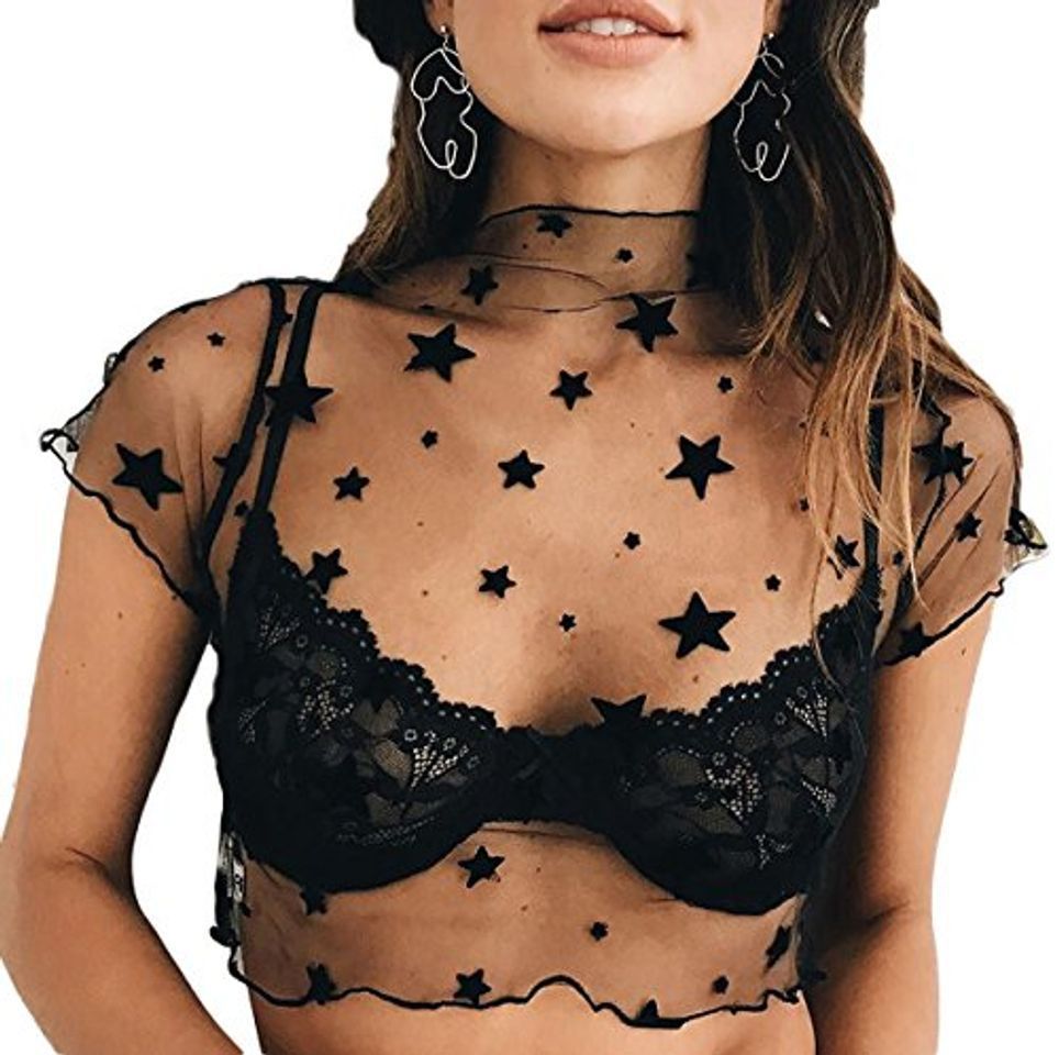 Products CHRISTYLE Mujer Ver a través de Malla Transparente de Manga Corta de la Estrella de Clubwear tee Camiseta Remata la Blusa 2 de los EEUU Negro