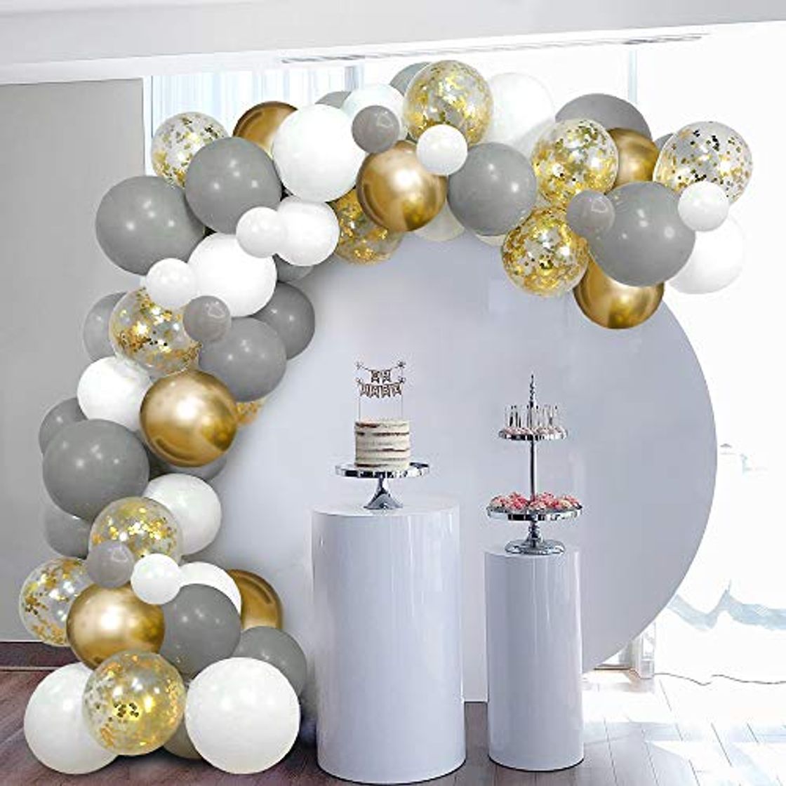 Product Arco de Globos Dorados Blancos Grises SKYIOL Kit Guirnaldas 100 Helio Confeti Metalizados Látex Globos con 5m Arco Puntos Adhesivos para Niña Cumpleaños Boda Comunion Baby Shower Fiesta Decoración