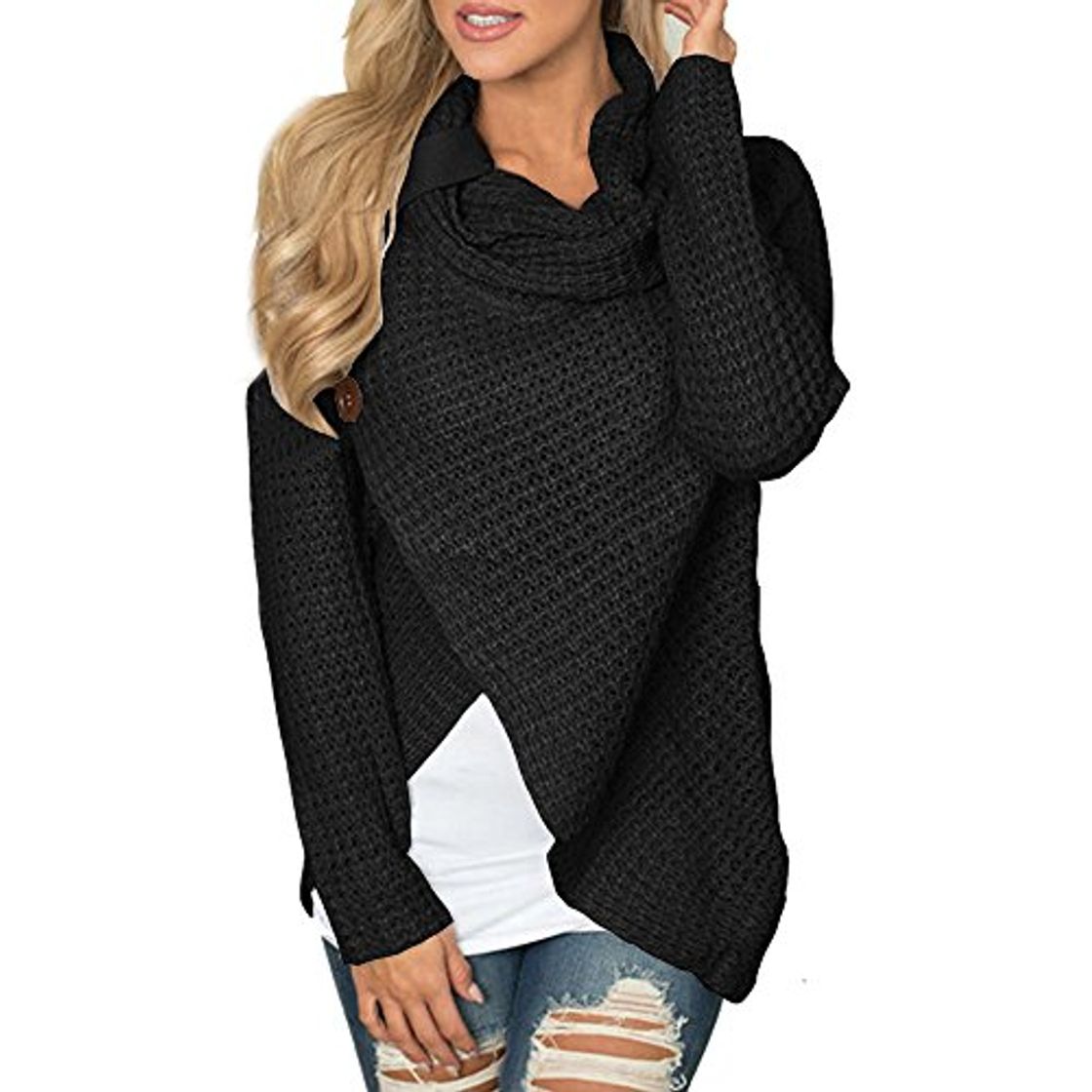 Fashion Jerseys De Punto para Mujer Cuello de Tortuga Manga Larga Suelto Prendas de Punto Suéter Irregular Jerséis Collar de la Pila Tops Cálido Otoño Invierno riou