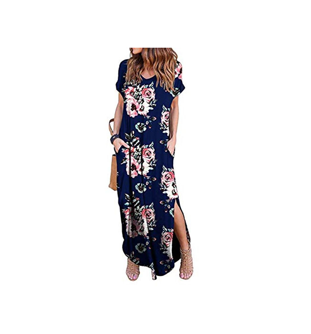 Fashion Vestidos Mujer Casual Playa Largos Verano Floral Vestido Boho Hendidura Falda Larga Maxi Vestido Playeros Navyfloral XXL