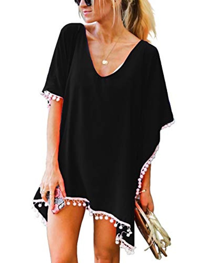 Social heekpek Vestido de Playa Mujer Ropa de Baño Suelto Camisolas y Pareos Bikini Cover up Verano Pompón Gasa Manto Protector Solar