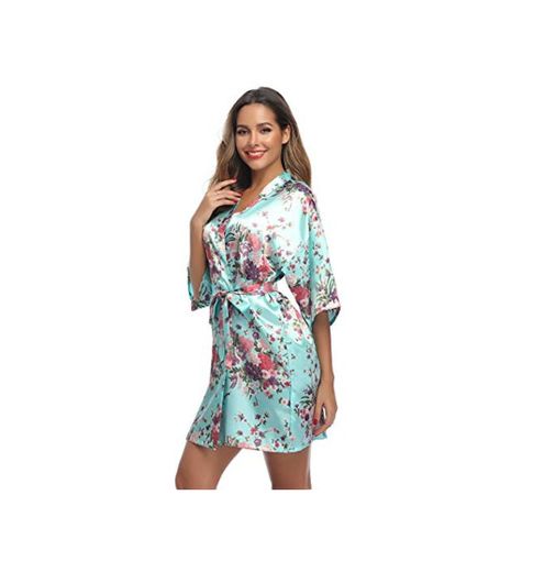 Aiboria Kimono Mujer Bata para Satén Mujer Ropa de Dormir Batas Bata Corta Albornoz Floral Damas de Honor Ropa de Noche