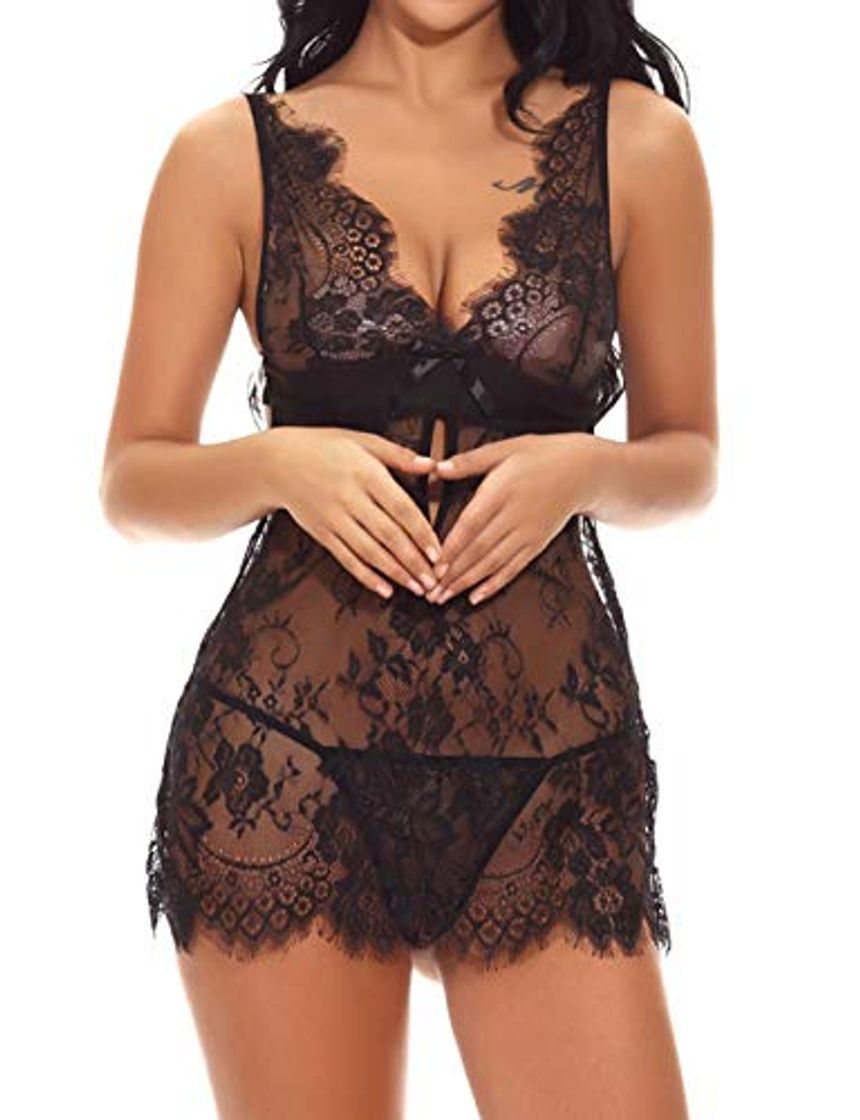 Social FeelinGirl Mujer Ropa Erótica Camisón Sexy Translúcido Elástico de Encaje Floral con Tanga Negro S