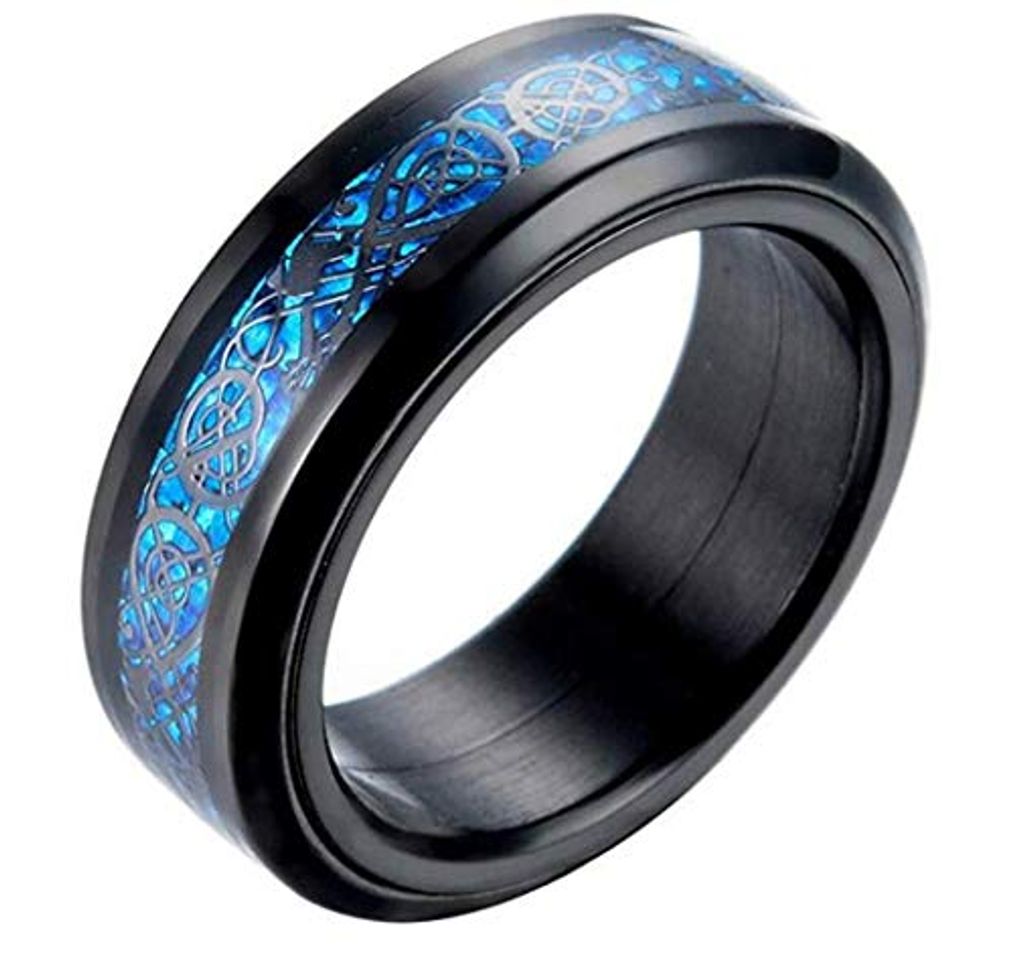 Product PAURO Hombre Acero Inoxidable Negro Celtic Dragon Azul Fibra De Carbono Inlay Giratorio Anillo 8mm Band Tamaño 19