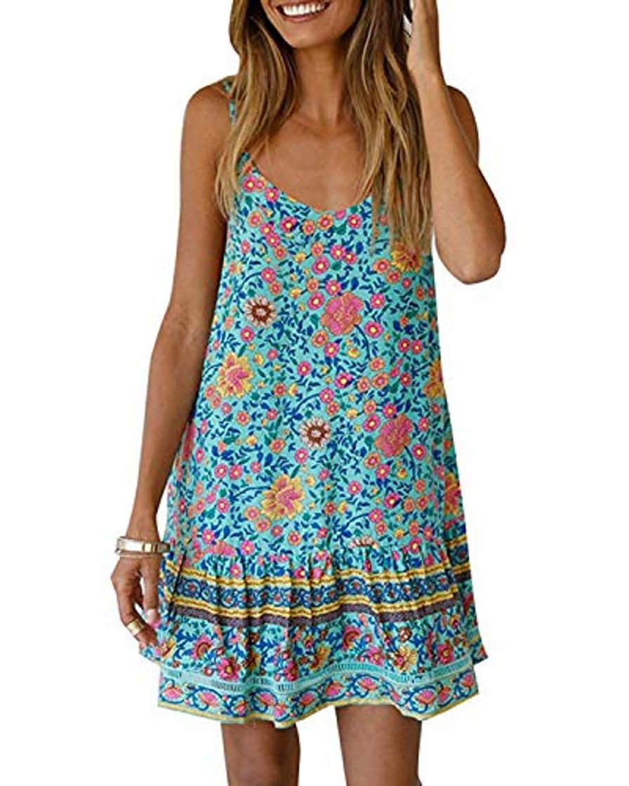 Lugar Abravo Mujer Vestido Boho Floral Verano sin Mangas Casual Falda Corta de