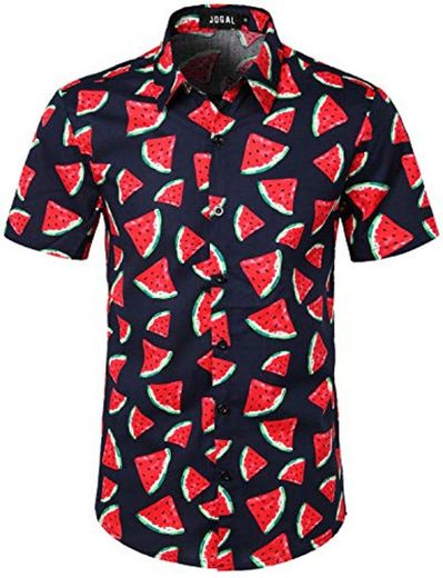 JOGAL Camisa hawaiana de manga corta con botones para hombre Azul Sandía Marina S