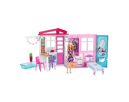 Barbie - Casa amueblada pleglable con cocina, piscina, dormitorio y lavabo con