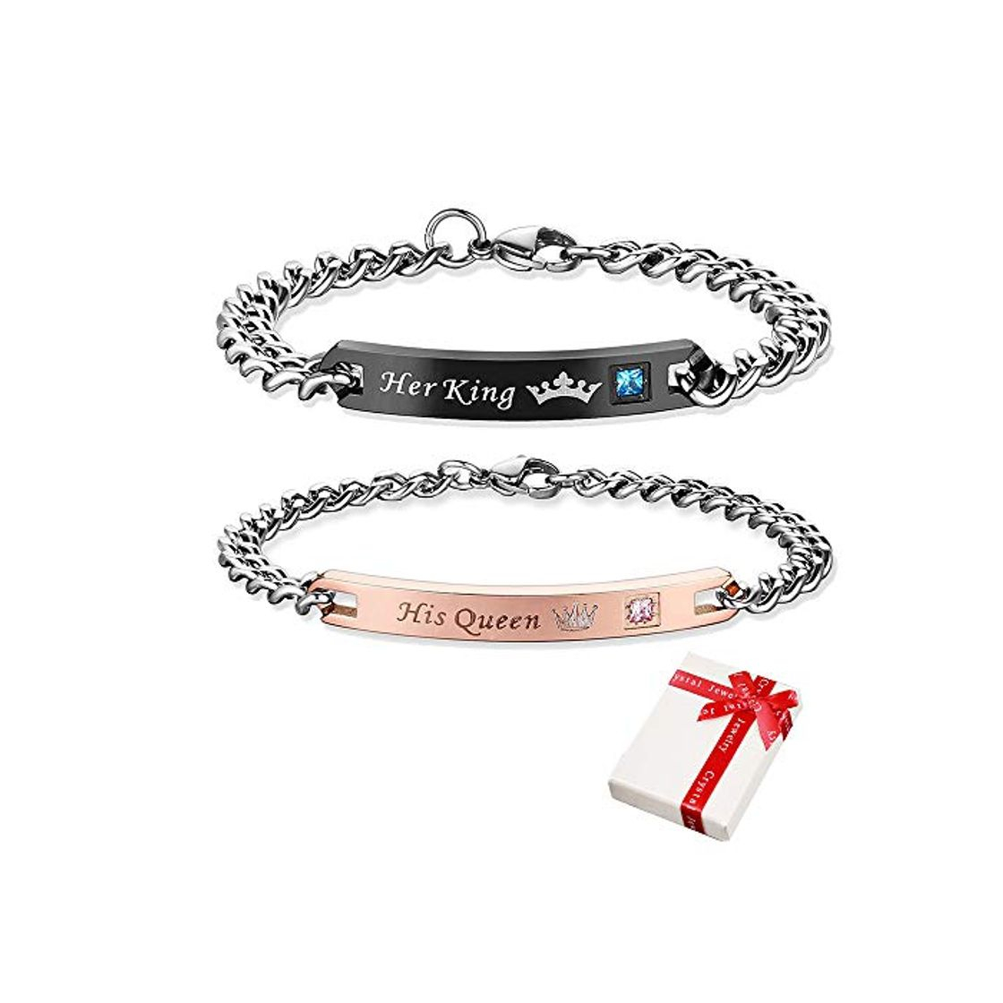 Social Pulsera con letras grabadas Her King & His Queen Crown para parejas,