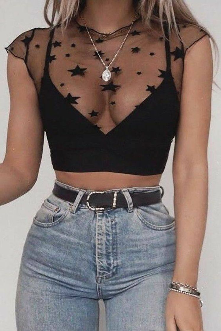 Fashion Star print sheer crop top without bra