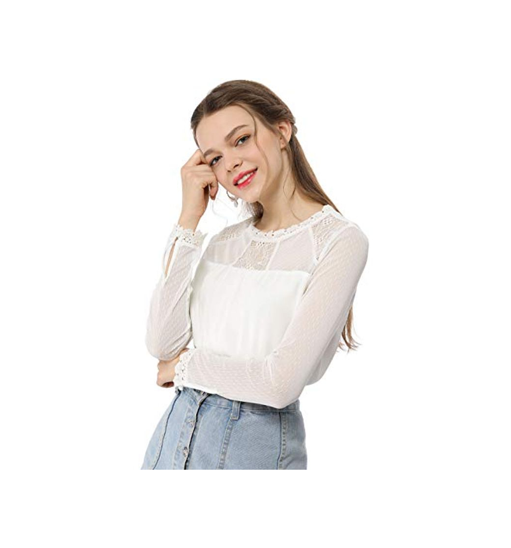 Moda Allegra K Camisa De Gasa Top Panel Floral De Encaje Cuello Redondo Blusa Campesina Mangas Largas para Mujeres Blanco L