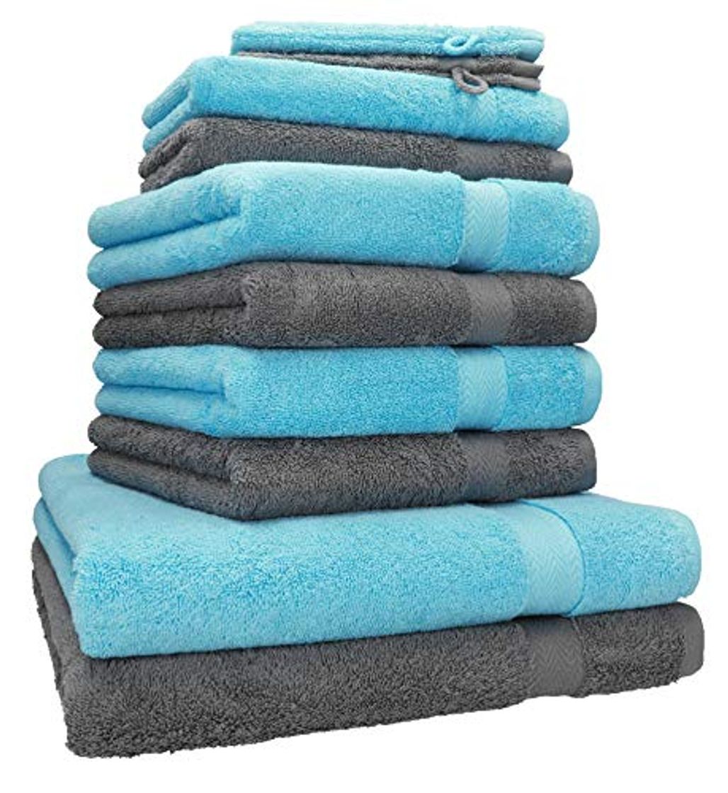 Categoría de hogar Betz Juego de Toallas de 10 Piezas 2 Toallas de baño 4 Toallas de Mano 2 Toallas para Invitados 2 Manoplas de baño 100% algodón Toalla Ducha baño Mano Premium de Color Turquesa y Gris Antracita