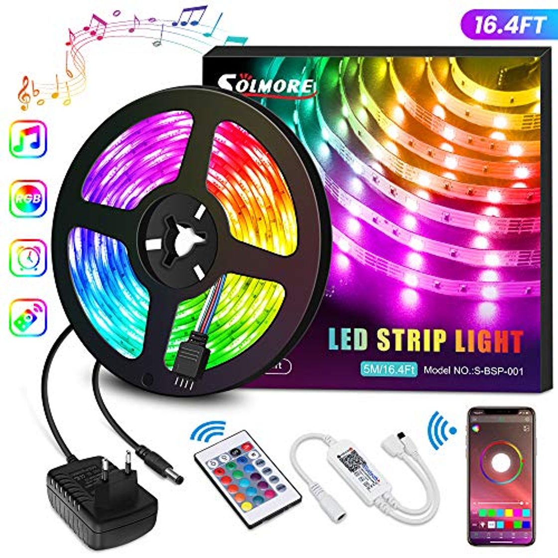 Product Tira LED Bluetooth 5M, SOLMORE Tira Música RGB 5050 150 LEDs/Música Activada