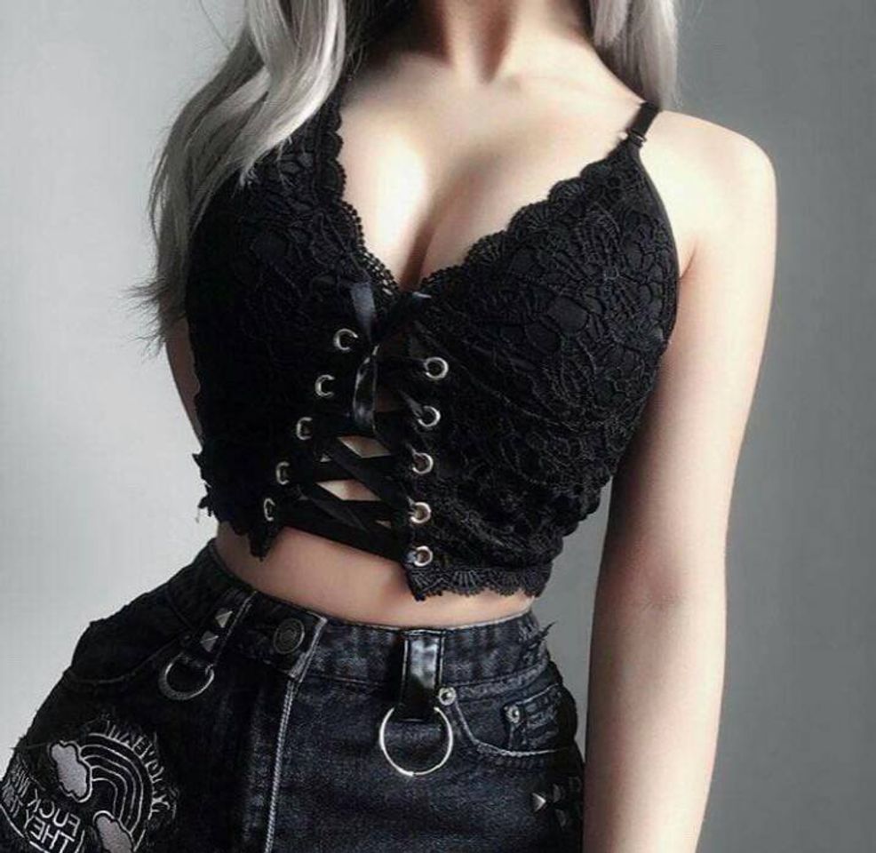 Social Top corto con cuello en V y bordado gótico para mujer♥