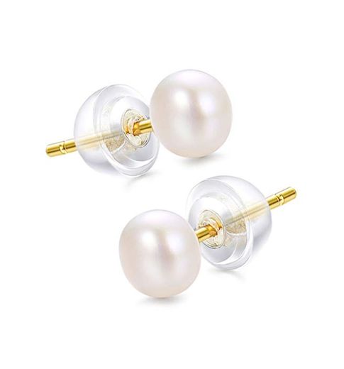 Finrezio 18K Chapado en Oro Redondo Blanco Perla Aretes para Mujeres Plata de Ley 925 Natural Agua Dulce Aretes de Perlas 9MM