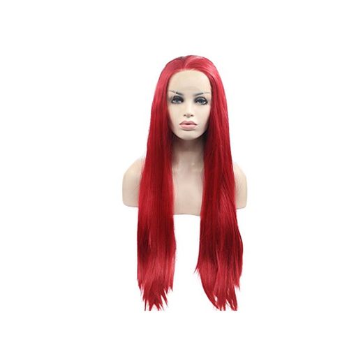xiweiya largo Silky recto pelo rojo peluca Lace Front sintético para las mujeres sin pegamento resistente al calor peluca de pelo parte