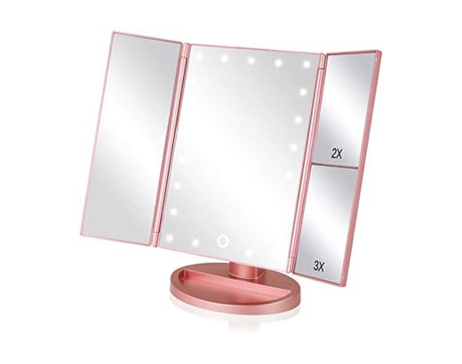 Espejo Maquillaje con Luz,WEILY Triple Espejo Plegable Lámpara LED 180 Grado de