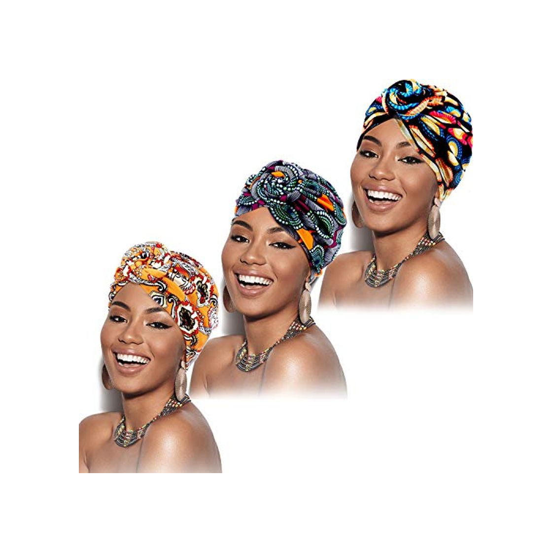 Fashion 3 Piezas Turbante Africano para Mujeres Gorro de Nudo Pre-Atado Envoltura de