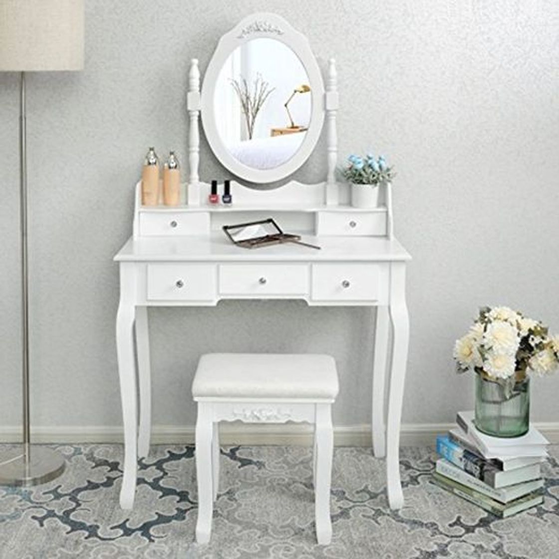 Social SONGMICS Blanco Tocador Mesa de Maquillaje Belleza 5 Cajones Espejo Giratorio Taburete