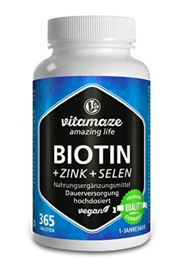 Biotina, crecimiento del cabello + selenio + zinc, para piel, cabello y uñas sanos, 365 comprimidos para 1 año, elevada concentración de biotina (vitamina B7), 10.000 mcg, producto alemán de calidad, ahora a un precio promocional y devolución gratuita dur