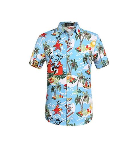 SSLR Camisa Playera Estilo Hawaiana Tropical Estampado Navideño Manga Corta para Hombre